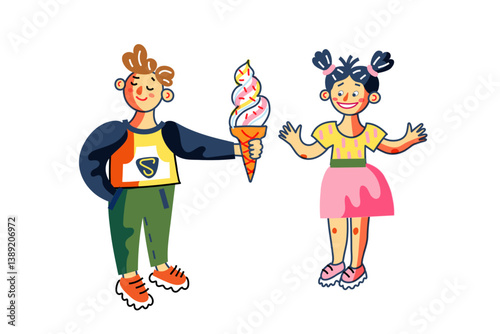 Two happy children celebrate summer by sharing an ice cream cone in a vibrant park. The boy wears casual clothes and holds a colorful ice cream, while the girl joyfully poses beside him.