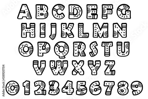 African, Aztec or Maya tribal font. Decorative alphabet with exotic ethnic pattern. Folk lettering design and set of numbers 0-9 for textiles and posters, brochure banners