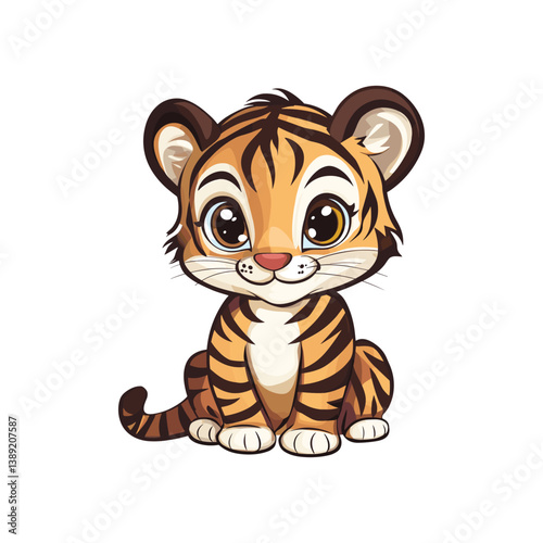 Cute Baby Tiger Cartoon Vector Illustration. Adorable cartoon illustration of a cute baby tiger sitting with a friendly expression. Features big eyes and playful stripes on a white background