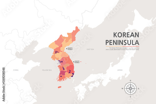3.KOREAN PENINSULA1. A map of the Korean Peninsula divided by various red tones on the background of a map of Northeast Asia