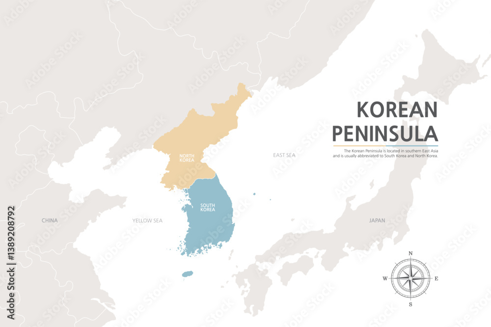 Fototapeta premium 5.KOREAN PENINSULA3. A map of North and South Korea separated by colors on the background of a map of Northeast Asia.