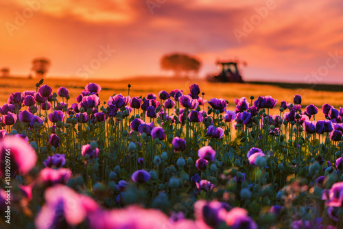 Beautiful scenic landscape with cultivated opium poppy field in bloom and silhouette of agricultural tractor driving along the dirt road in golden hour of a warm sunset
