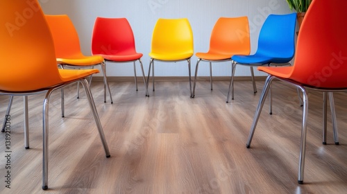 Colorful Chairs Arranged in a Circle for a Creative Meeting Space