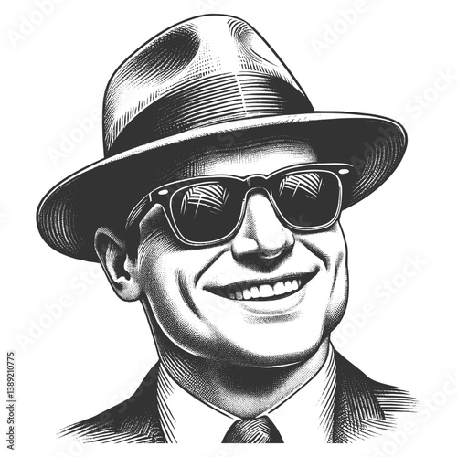 Mafioso smiling man wearing sunglasses, fedora hat and a suit, exuding confidence and a vintage, stylish look sketch engraving generative ai vector illustration. Scratch board. Black and white image.