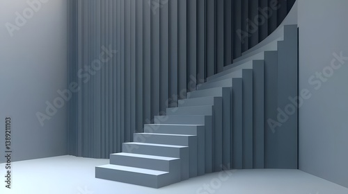 Modern Spiral Staircase in Minimalist Interior Space with Soft Grey Color Palette and Geometric Design