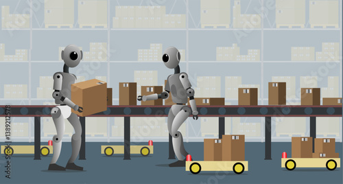 Artificial Intelligence, future humanoids working with parcel sorting.