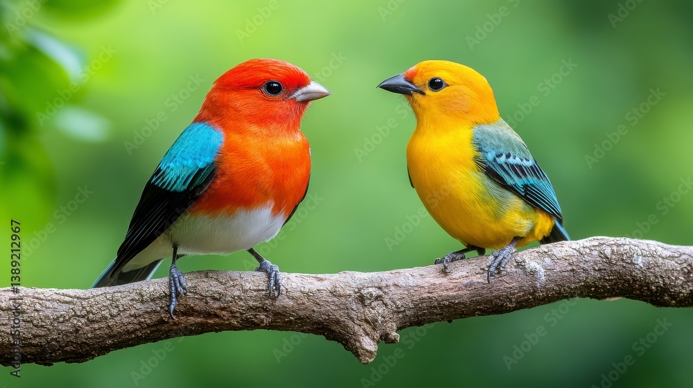 Obraz premium Vibrant Birds Sitting on Branch in Natural Green Environment