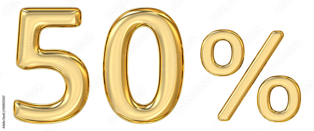 Golden Fifty Percent, luminous, golden representation of the numerical symbol 50%, signifying significant discount or rate, 3d rendering