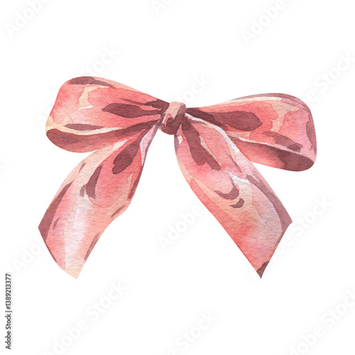 The bow is small, cute and graceful in pink, coral, peach shades. Watercolor illustration, hand-drawn on the theme of Bows of coquettes. A separate element isolated from the background