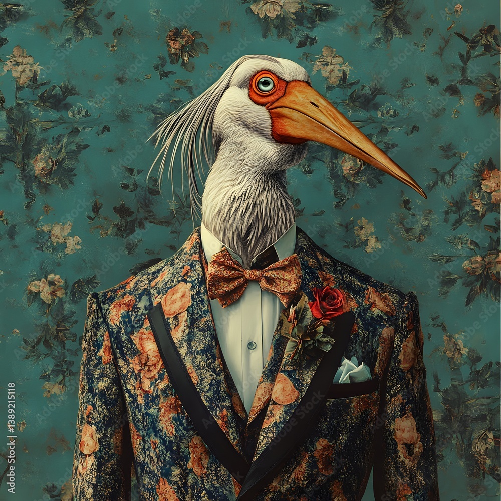 Obraz premium Surreal Crane in Floral Suit with Bowtie and Rose against Vintage Patterned Background