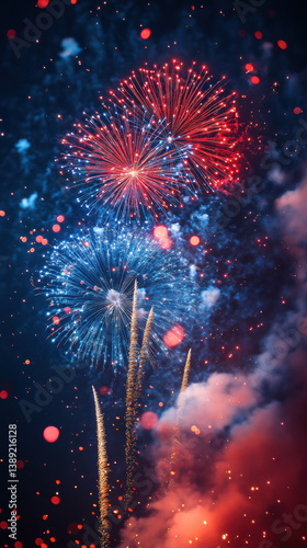 Vibrant red and blue fireworks exploding in night sky