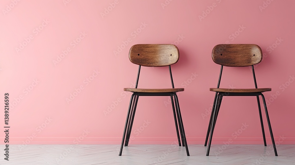 A pair of industrial-style guest chairs with wooden seats and black metal frames, set against a muted pink background A pair of industrial-style guest chairs with wooden seats and black metal frames, set against a muted pink background