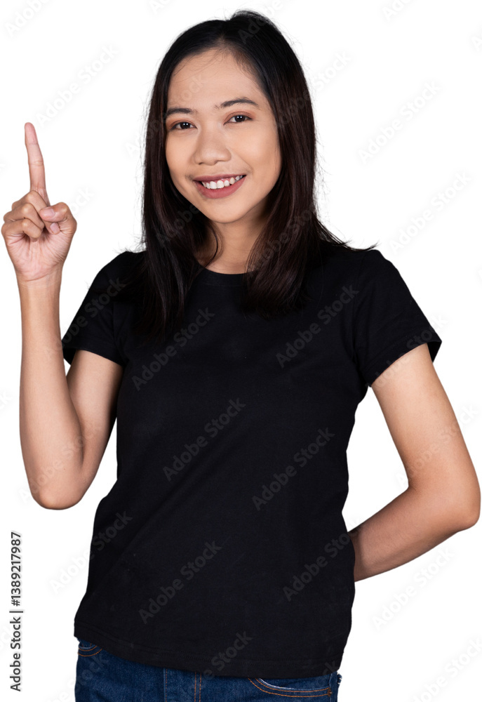 Portrait of a Young Woman Cheerfully Pointing Up with Confidence Isolated Transparent Portrait of a Young Woman Cheerfully Pointing Up with Confidence Isolated Transparent