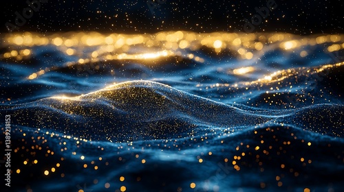 Abstract digital gold particles flowing over dark blue surface