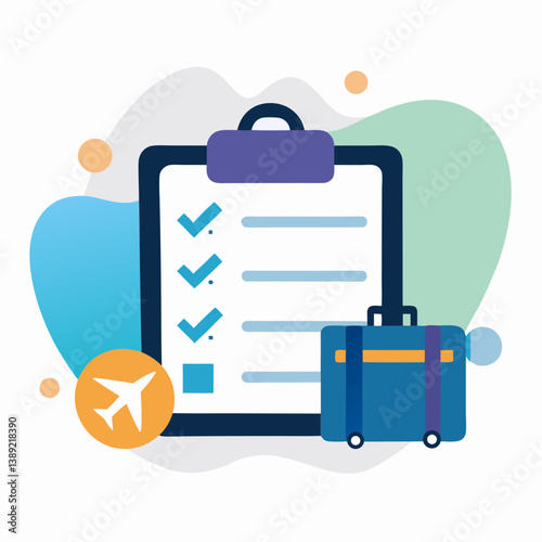 Travel checklist vector icon featuring a clipboard, suitcase, and airplane