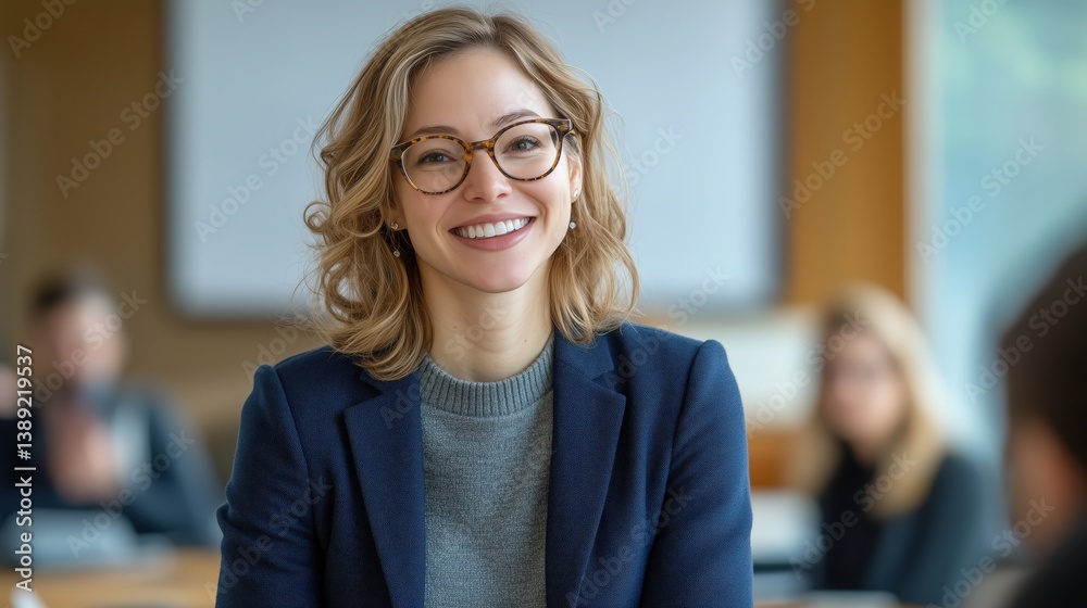 Fototapeta premium A woman in a blue blazer smiling in an office setting.