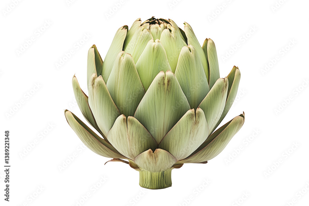 Single fresh green artichoke with detailed texture isolated on white transparent background. Concept of healthy eating, organic food, and vegetarian diet Single fresh green artichoke with detailed texture isolated on white transparent background. Concept of healthy eating, organic food, and vegetarian diet