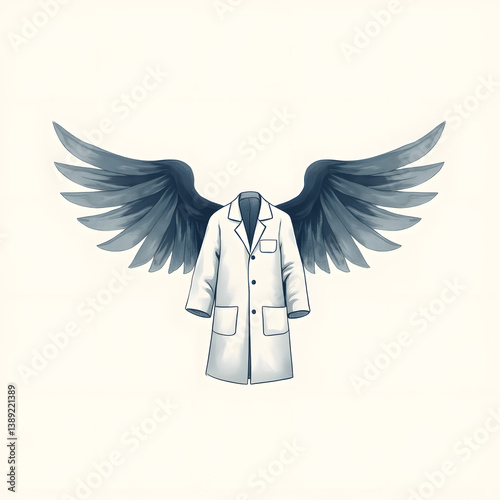 Doctor’s lab coat with angelic wings made of health records in minimalist black and white ink design