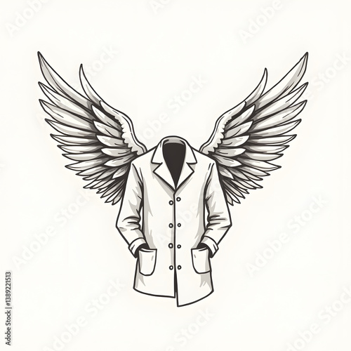 Minimalist ink wash logo of doctor’s coat transforming into angel wings made of floating medical notes