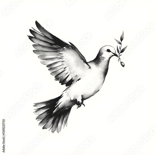 Ink wash illustration of a peaceful pigeon carrying an olive twig in its beak in minimalist logo style