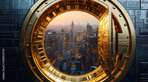 Open vault reveals NYC skyline at sunset