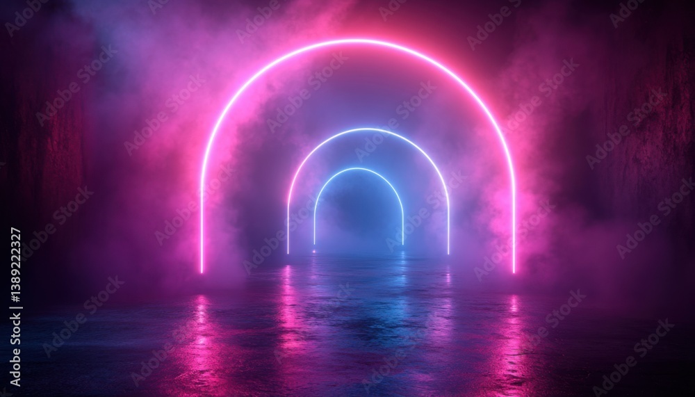 Obraz premium Dreamy iridescent neon arcs floating above a darkened misty backdrop.