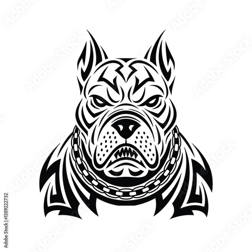 Tribal Pitbull Dog Head with Chain Collar – Aggressive Tattoo Style Illustration