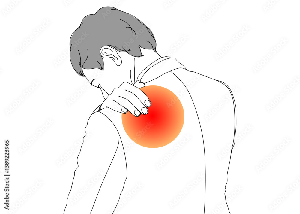 辛い肩こりで肩を押さえるサラリーマン男性のイラスト 上半身後ろ姿