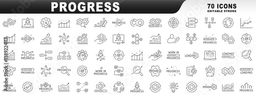 Big set of progress related line icons. Editable stroke
