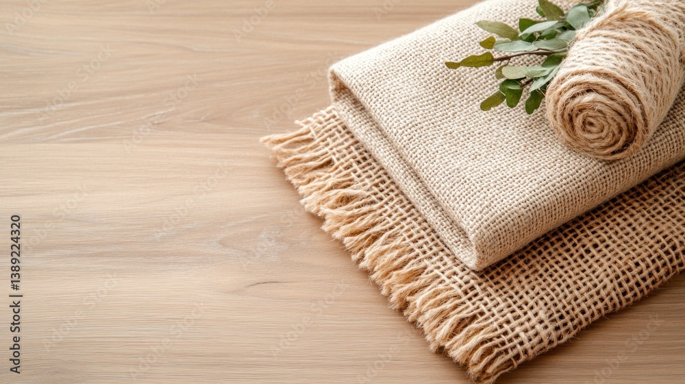 Fototapeta premium Beige blankets on a light wooden surface