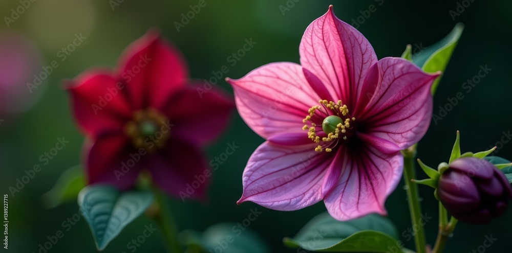 Fototapeta premium Close-up of two large hellebore blooms in a dramatic setting, dramatic, close-up