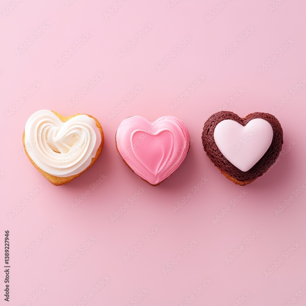 Three Heart Shaped Cupcakes with Different Frosting Colors on Pink Background Three Heart Shaped Cupcakes with Different Frosting Colors on Pink Background