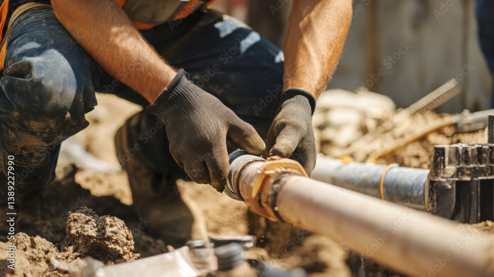 A plumber fixing a leaking pipe at a construction site. Featuring problem-solving and expertise A plumber fixing a leaking pipe at a construction site. Featuring problem-solving and expertise