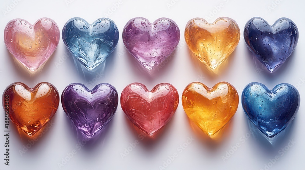 Heart-shaped colorful translucent gems arranged on white Heart-shaped colorful translucent gems arranged on white