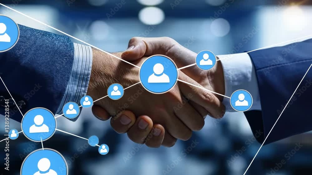 A close-up depicts handshake between two individuals, symbolizing business partnership. Stylized network diagrams connect hands, featuring person icons, highlighting collaboration , building