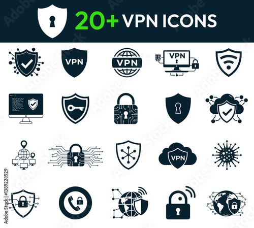 Minimalist VPN and Cybersecurity Icons – Black and White Network Protection and Data Privacy Symbols