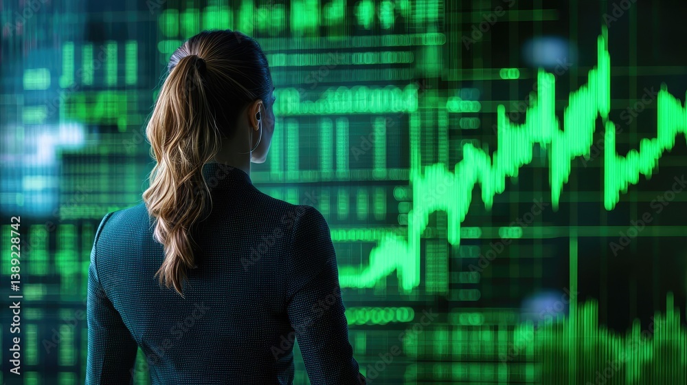 Green stock market chart analysis with business success concept. Woman analyzing stock market trends on a digital display. Green stock market chart analysis with business success concept. Woman analyzing stock market trends on a digital display.