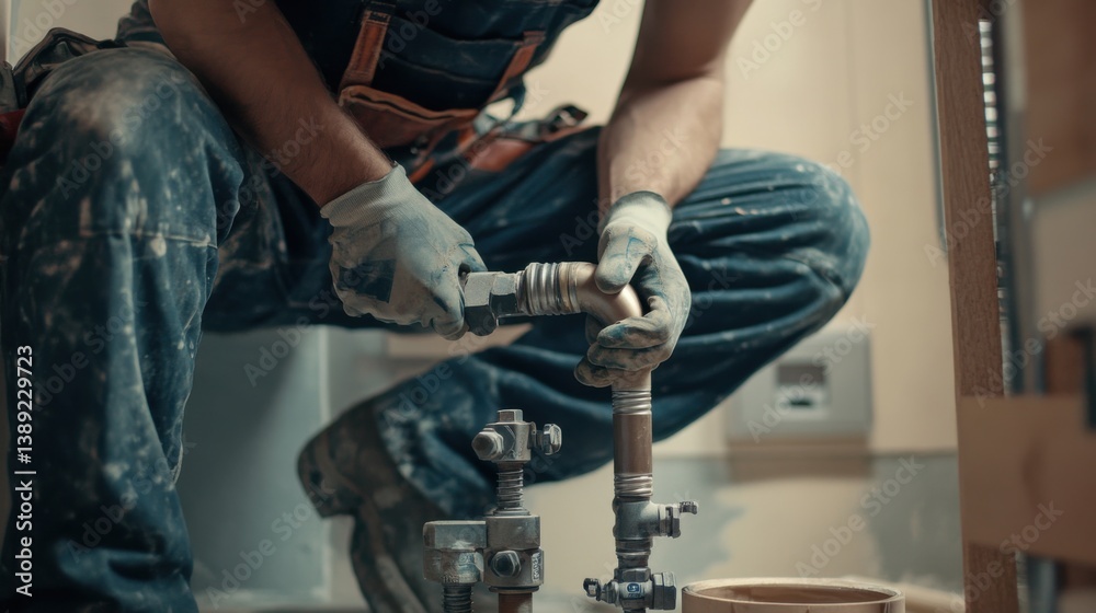 A plumber installing pipes in a new home. Featuring precision and expertise A plumber installing pipes in a new home. Featuring precision and expertise