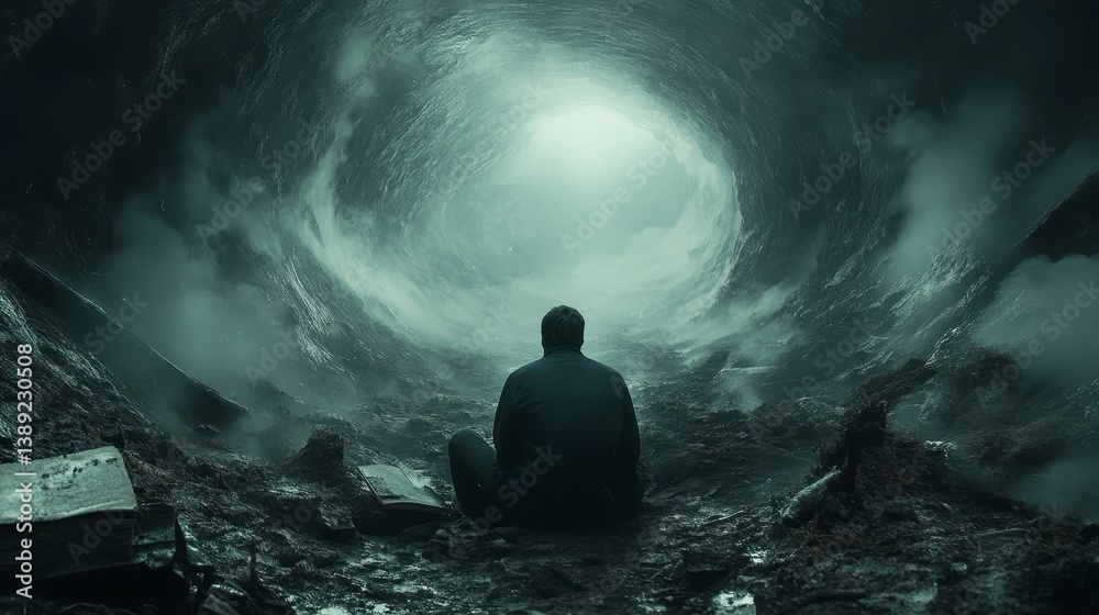 Obraz premium Person sitting before vortex, surrounded by ruins, looking towards bright light