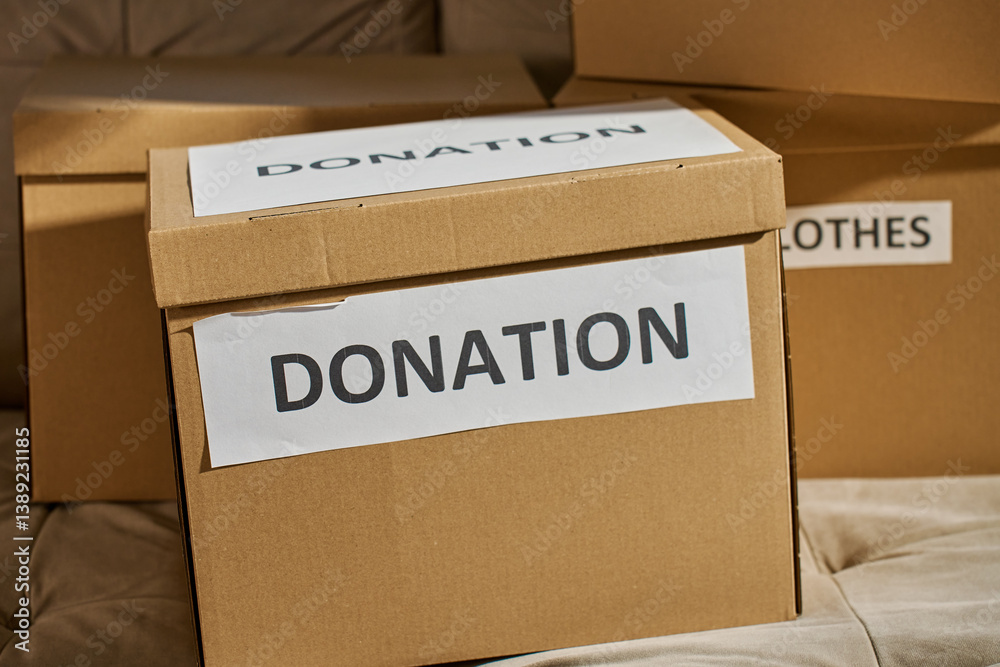 Donation boxes in living room. Packed cardboard boxes full of clothes and toys on couch. Concept of charity, social care and volunteering
