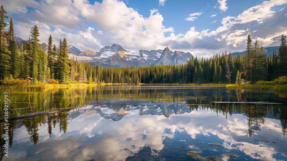 Fototapeta premium Stunning reflection of rocky mountains in bow river near canmore alberta with snowy peaks and calm water during early winter in scenic bear country