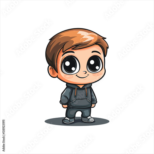 Cute Cartoon Boy in Hoodie Vector Illustration. Adorable cartoon boy with big eyes and a friendly smile, wearing a casual hoodie and pants. Cheerful character, perfect for children's content. 