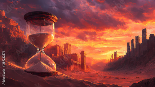 An hourglass poised on sand overlooks an ancient city ruins under a dramatic sunset, evoking a sense of time and mystery. Times Ruin. Illustration