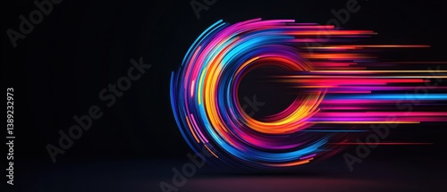 Abstract colorful light trails forming a circular shape on dark background Concept of data flow, technology, and digital innovation