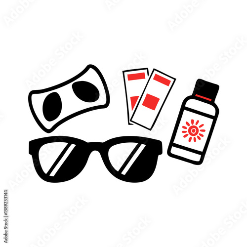 Summer vacation essentials vector icon set including sunglasses, sunscreen, and tickets 