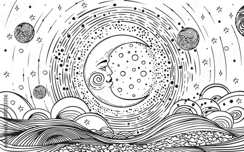 Heavenly coloring page for adults with crescent moon with face, universe with planets, stars and clouds, esoteric zodiac poster, horoscope, tarot. Vector poster illustration.