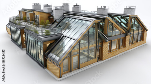 Modern architectural design features stylish building with glass and wooden elements, showcasing unique rooftop structure and balconies