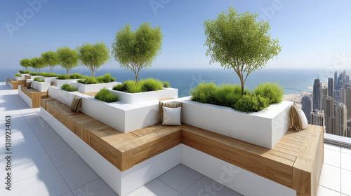 Modern rooftop garden with lush greenery and wooden seating, offering stunning view of city skyline and ocean. perfect blend of nature