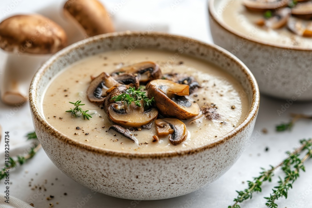 Creamy mushroom soup is served in a stoneware bowl and garnished with thyme. Showcase healthy eating or promote fall and winter comfort food recipes. Creamy mushroom soup is served in a stoneware bowl and garnished with thyme. Showcase healthy eating or promote fall and winter comfort food recipes.