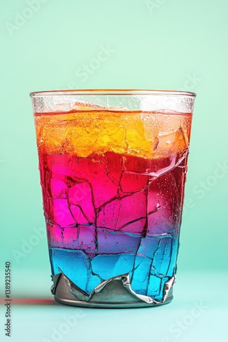 Colorful layered cocktail in a cracked glass photo